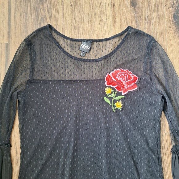 💙 Disney Coco Wide Sleeve Mesh Lined Stretchy Shirt Rose Embroidery Y2K Size S - Picture 3 of 8